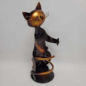 Whimsical Cat Shaped Metal Sculpture Decorative Rack Wine Bottle Holder Bronze